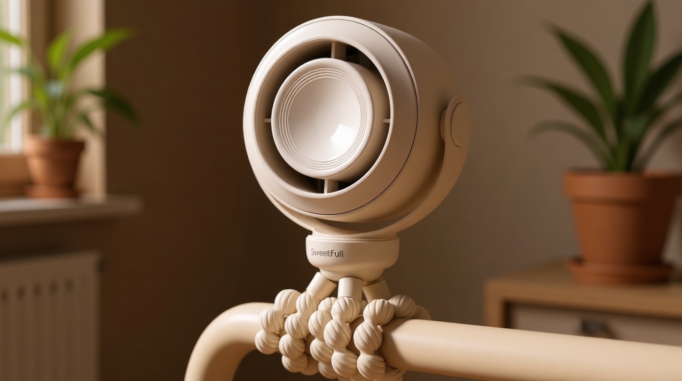 SWEETFULL Portable Stroller Fan, Pinch-Proof Baby Fan, 10H Battery, 5-Speed Quiet Mini Clip on Fan, USB-C Rechargeable with LED Display for Car Seat, Crib & Travel - Cream Global Recycled Standard