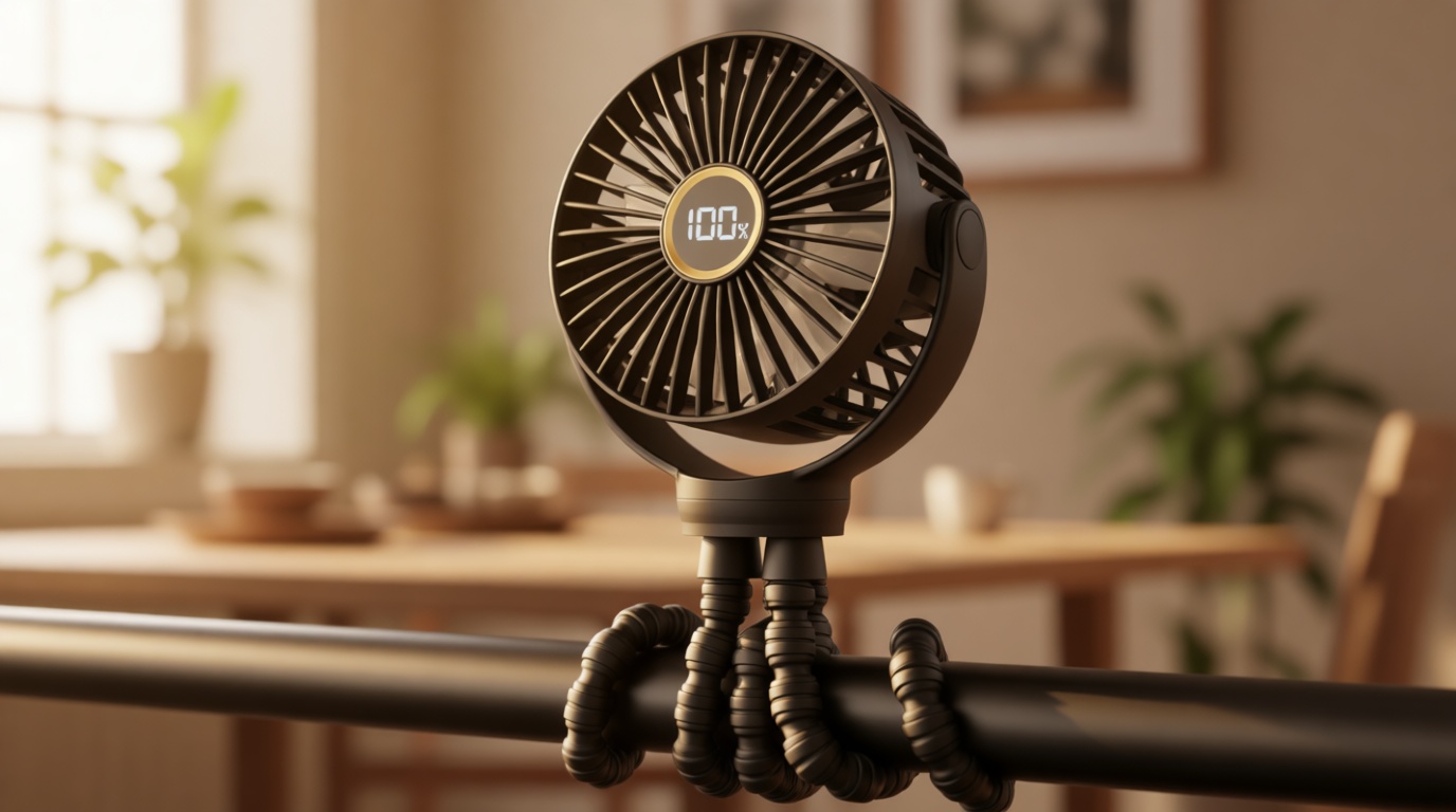 Portable Stroller Mini Fan, Small Rechargeable Personal Fan, Baby Travel Essentials for Wagon, Car Seat, Treadmill, Battery Powered Biking Gear Accessories, 360° Rotation, 3-Speed, Display, Black