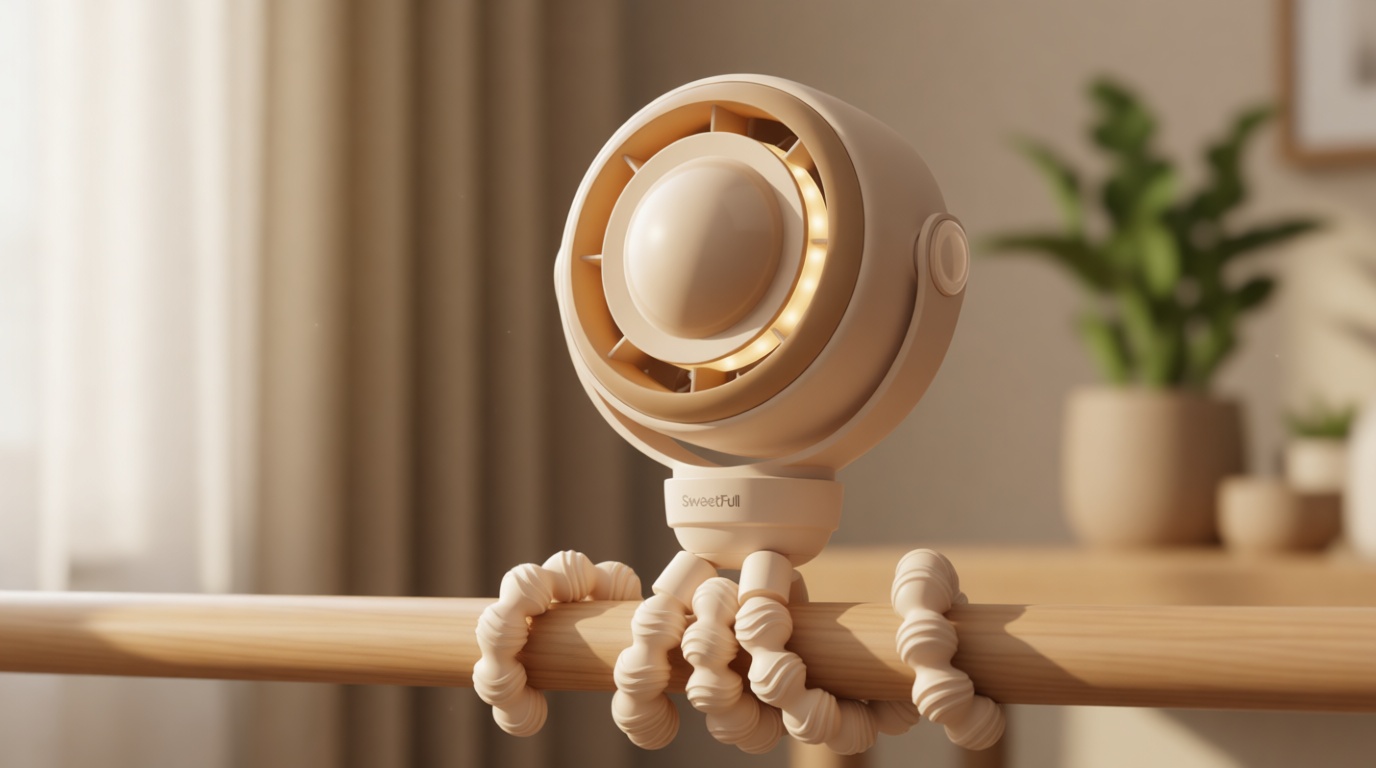 SWEETFULL Baby Stroller Fan - 4000mAh Rechargeable 4-Speed Quiet with LED Display & Night Light, Mini Portable 360° Clip On Safe Fan for Car Seat, Crib, Travel - Brown Global Recycled Standard