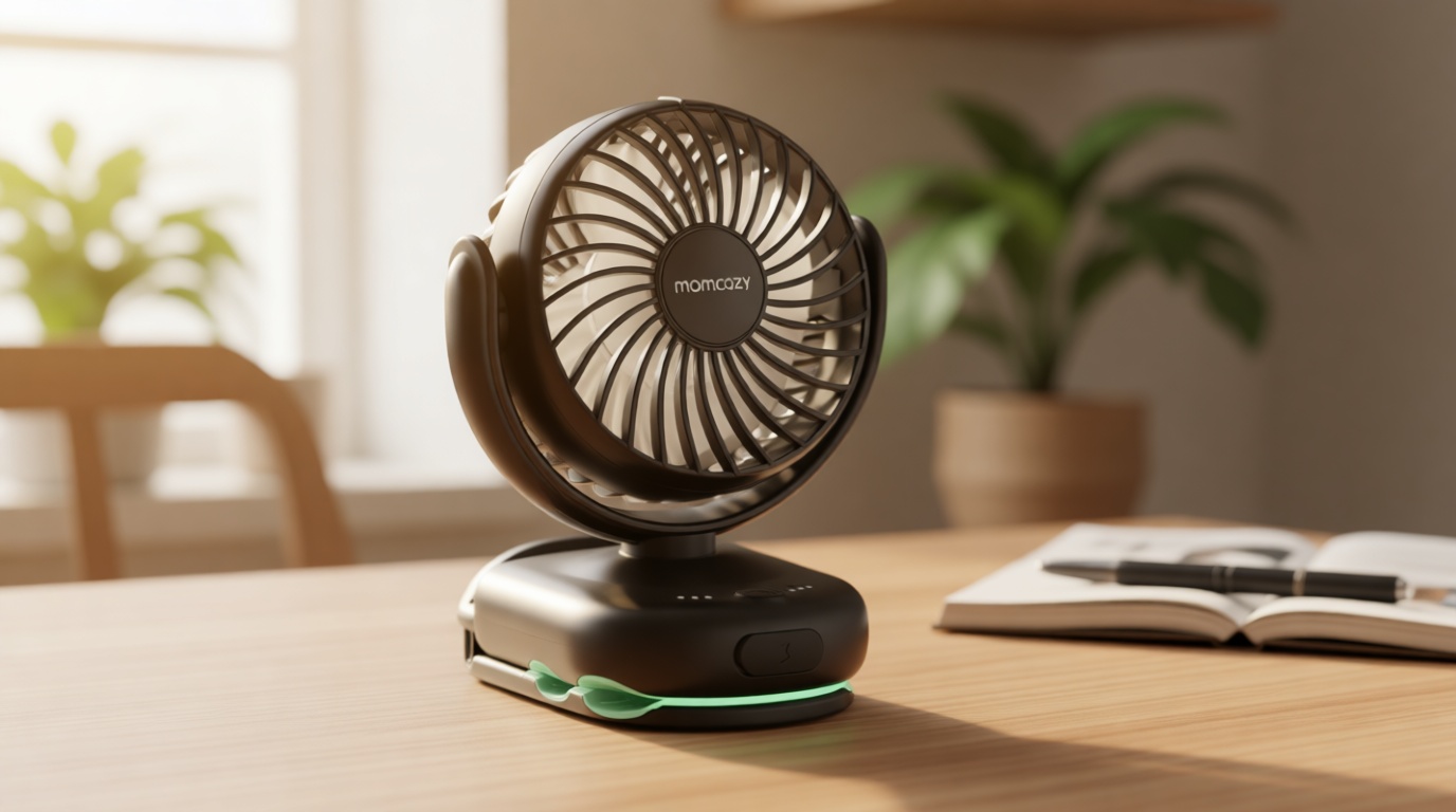 Momcozy Portable Stroller Fan with Clip | 4-Speed Mini-Fan for Carrier | Personal Fans Ultra Light 0.26lb | Gaps ≤4.5mm | Handheld Cooling | Rechargeable Rotate for Diaper Backpack/Table/Chair