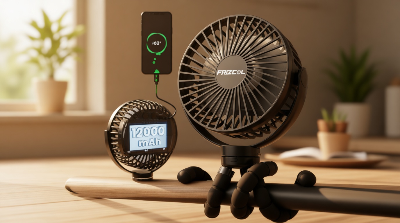 FRIZCOL Portable Stroller Fan, Use As Power Bank, 65H 12000mAh Battery Operated Fan Flexible Tripod Baby Car Seat Fans with Timming, Personal Mini Handheld/Desk/Small Clip On Fans For Stroller