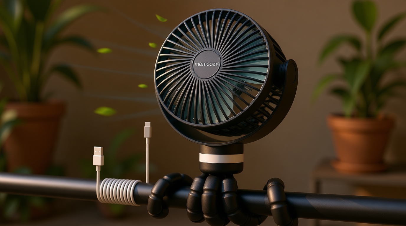 Momcozy 8000mAh Portable Stroller Fan | 27H Ultra-long Battery Life | Detachable 4 Speed 360°Rotate | 2 Modes LED Night Light, USB Rechargeable Handheld Cooling Fan for Travel, Car Seat, Bedroom