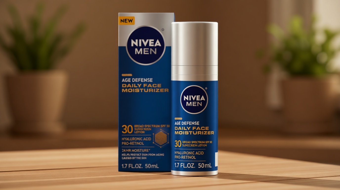 NIVEA MEN Age Defense Daily Face Moisturizer with Broad Spectrum SPF 30 Sunscreen, Pro-Retinol and Hyaluronic Acid, Beard-Friendly Face Lotion Helps Defend Against UVA/UVB Rays, 1.7 Fl Oz Bottle