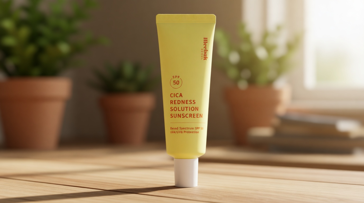 Meebak Cica Redness Solution Sunscreen - Color Corrector SPF 50, Green to Beige CC Cream with Centella and Ceramide - Redness Reducing Skincare for Fair-to-Medium Skin Tones - Korean Sunscreen