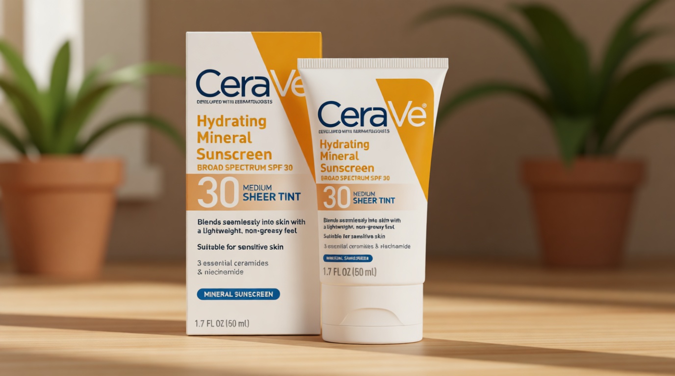 CeraVe Hydrating Mineral Sunscreen SPF 30 with Sheer Tint, Tinted Mineral Sunscreen with Zinc Oxide & Titanium Dioxide, Blends Seamlessly For Healthy Glow, Medium, 1.7 Fluid Ounce Cradle to Cradle Certified
