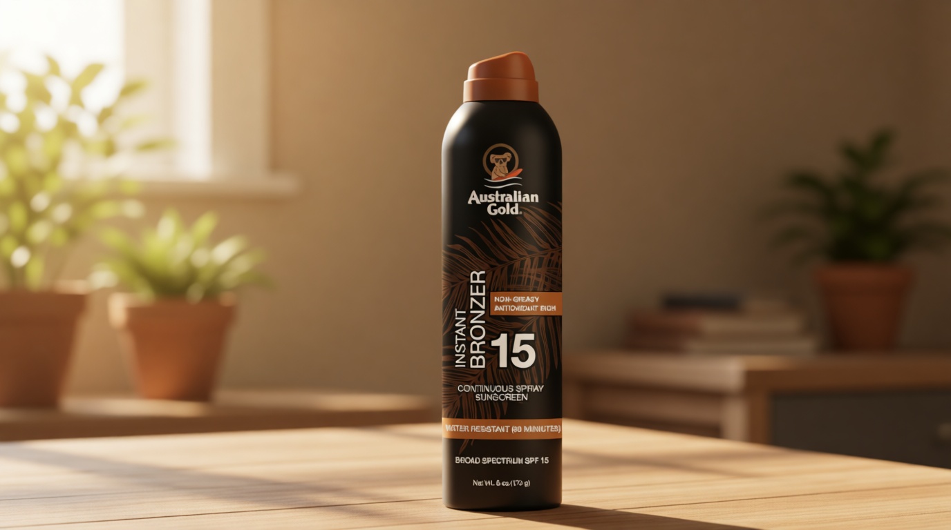 Australian Gold Continuous Spray Sunscreen with Instant Bronzer SPF 15, Immediate Glow & Dries Fast, Broad Spectrum, Water Resistant, Non-Greasy, Oxybenzone Free, Cruelty Free, 6 Ounce
