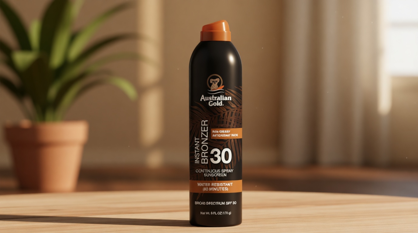 Australian Gold Continuous Spray Sunscreen with Instant Bronzer SPF 30, Immediate Glow & Dries Fast Water Resistant NonGreasy Oxybenzone Free Cruelty Free, Bronzer New, Orange, 6 Oz