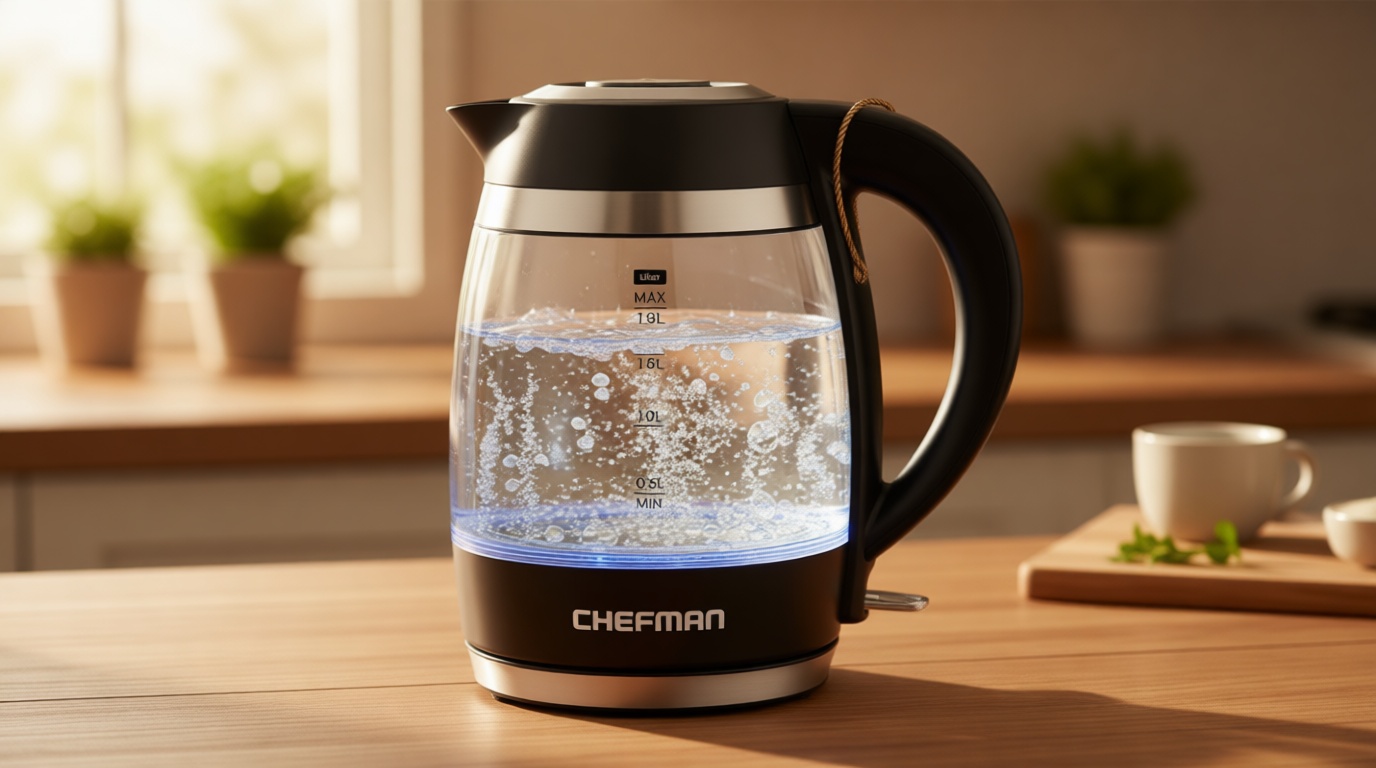 Chefman Electric Kettle, 1.8L 1500W, Hot Water Boiler, Removable Lid for Easy Cleaning, Auto Shut Off, Boil-Dry Protection, Stainless Steel Filter, BPA Free, Borosilicate Glass Electric Tea Kettle
