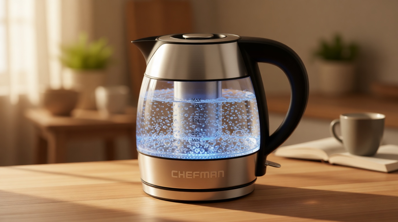 CHEFMAN Electric Kettle - 1.2L 1500W Hot Water Tea Pot with Infuser, BPA Free, Auto Shut Off, Boil-Dry Protection, Removable Lid, LED Light, Cordless Glass Electric Tea Kettle – Stainless Steel