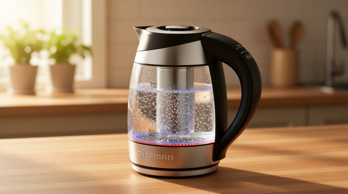 Chefman Electric Kettle with Temperature Control, 5 Presets LED Indicator Lights, Removable Tea Infuser, Glass Tea Kettle & Hot Water Boiler, 360° Swivel Base, BPA Free, Stainless Steel, 1.8 Liters