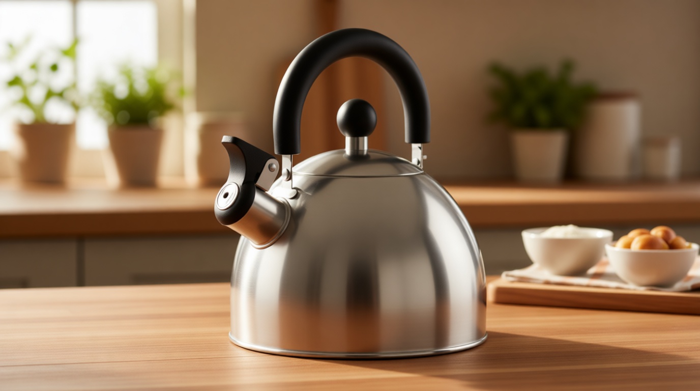 Primula Stewart Whistling Stovetop Tea Kettle Food Grade Stainless Steel, Hot Water Fast to Boil, Cool Touch Folding, 1.5-Quart, Brushed with Black Handle