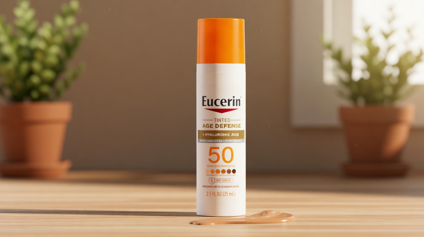Eucerin Sun Tinted Age Defense Face Sunscreen Lotion SPF 50 with Hyaluronic Acid, Tinted Sunscreen for Face, Blendable Tint for All Skin Tones, Non Comedogenic and Hypoallergenic, 2.5 Fl Oz Bottle