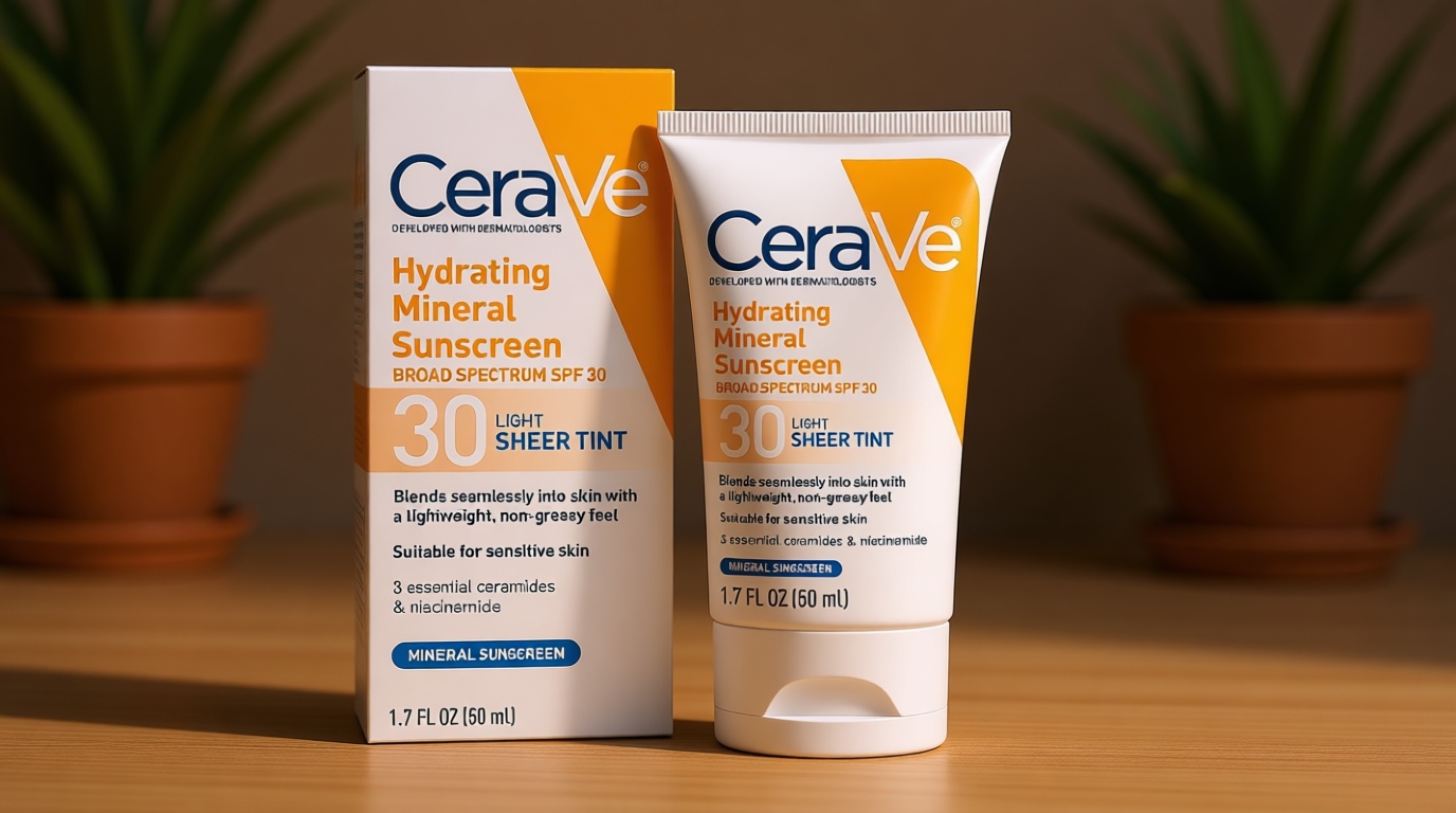 CeraVe Hydrating Mineral Sunscreen SPF 30 with Sheer Tint, Tinted Mineral Sunscreen with Zinc Oxide & Titanium Dioxide, Blends Seamlessly For Healthy Glow, Light, 1.7 Oz