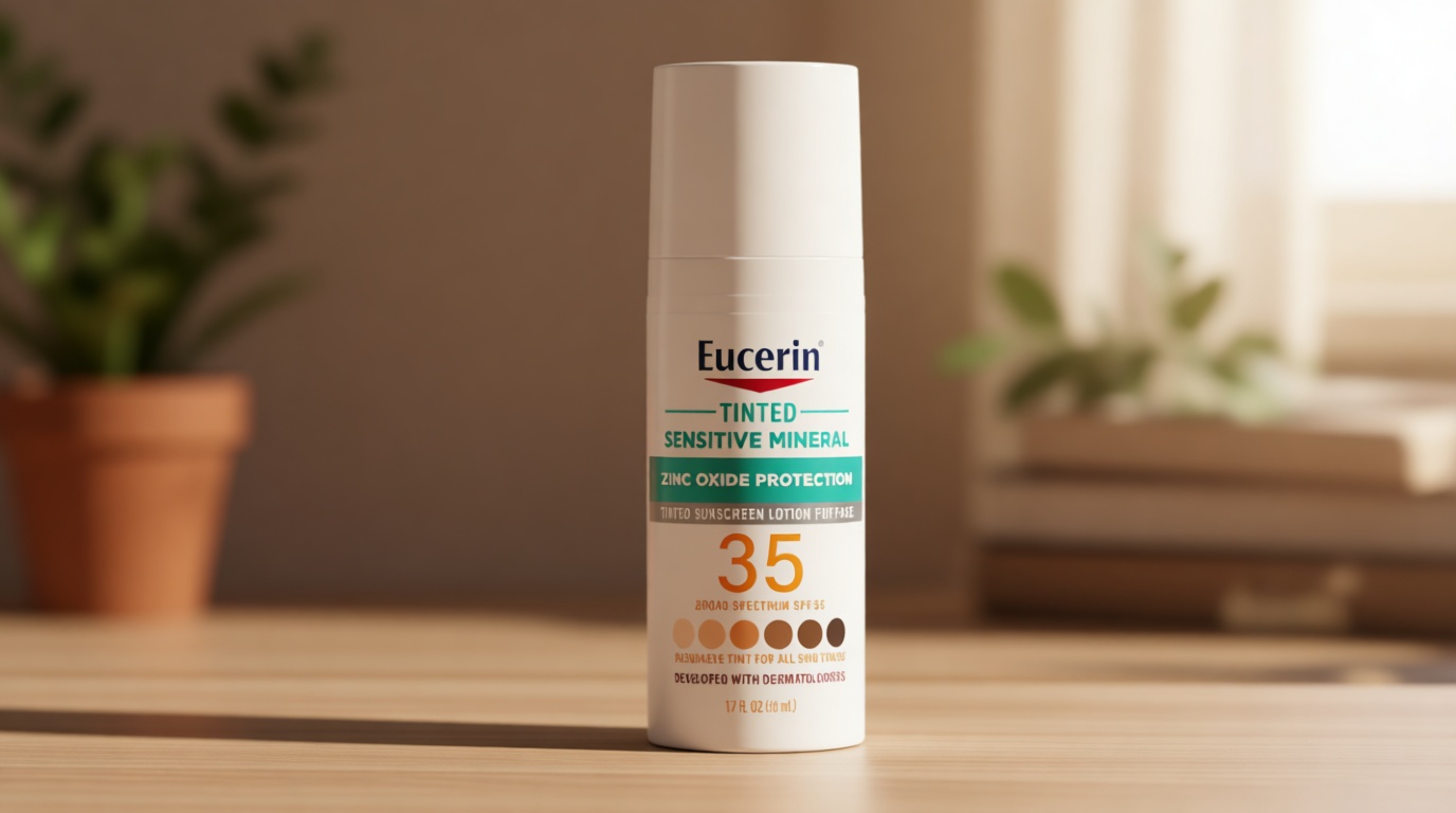 Eucerin Sun Tinted Sensitive Mineral Face Sunscreen Lotion SPF 35, Non-Comedogenic Mineral Sunscreen with Gentle Zinc Oxide Protection for Sensitive Skin, 1.7 Fl Oz Bottle