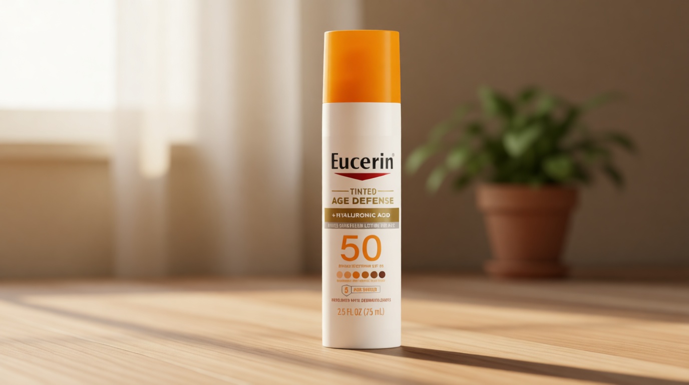 Eucerin Sun Tinted Age Defense Face Sunscreen Lotion SPF 50 with Hyaluronic Acid, Tinted Sunscreen for Face, Blendable Tint for All Skin Tones, Non Comedogenic and Hypoallergenic, 2.5 Fl Oz Bottle
