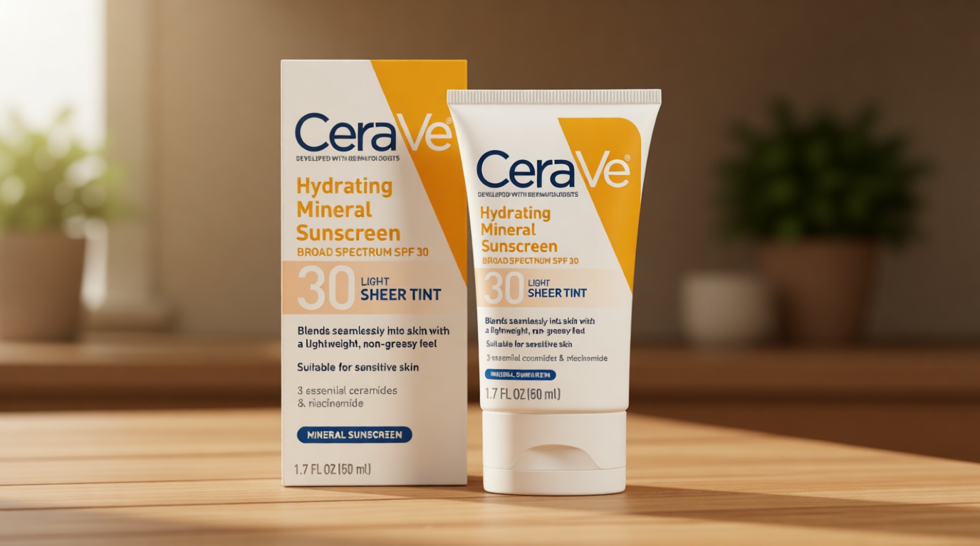 CeraVe Hydrating Mineral Sunscreen SPF 30 with Sheer Tint, Tinted Mineral Sunscreen with Zinc Oxide & Titanium Dioxide, Blends Seamlessly For Healthy Glow, Light, 1.7 Oz