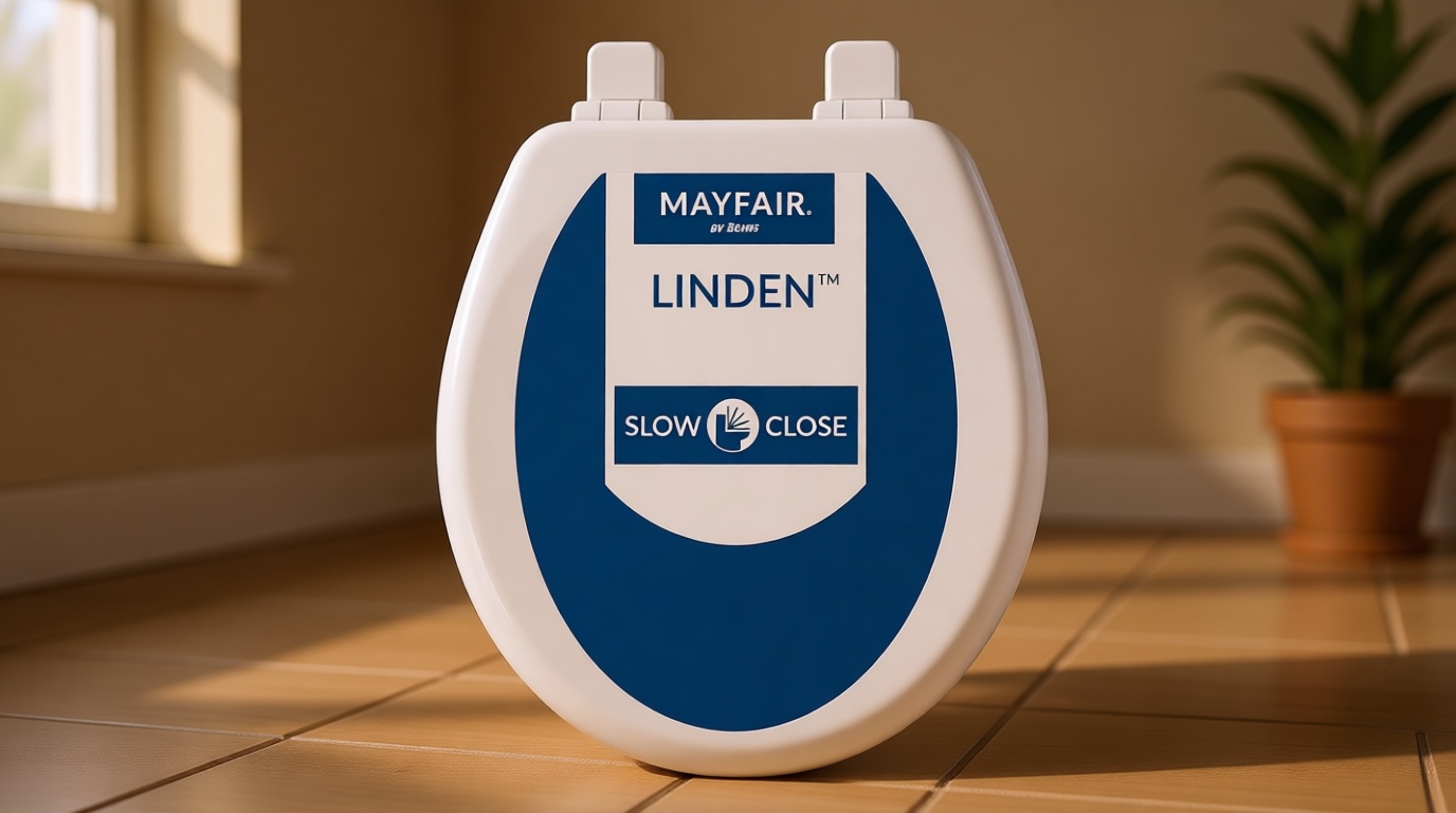 Mayfair Linden Slow Close Toilet Seat, Non Slip Heavy Duty Wood, Easy Install, Round, White GreenCircle Certified: Recycled Content