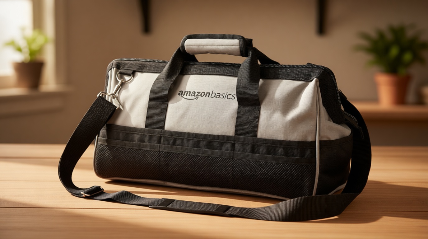 Amazon Basics Durable Wear-Resistant Tool Storage Bag with Adjustable Shoulder Strap, Portable Tool Organizer, 16 in, Black & Grey