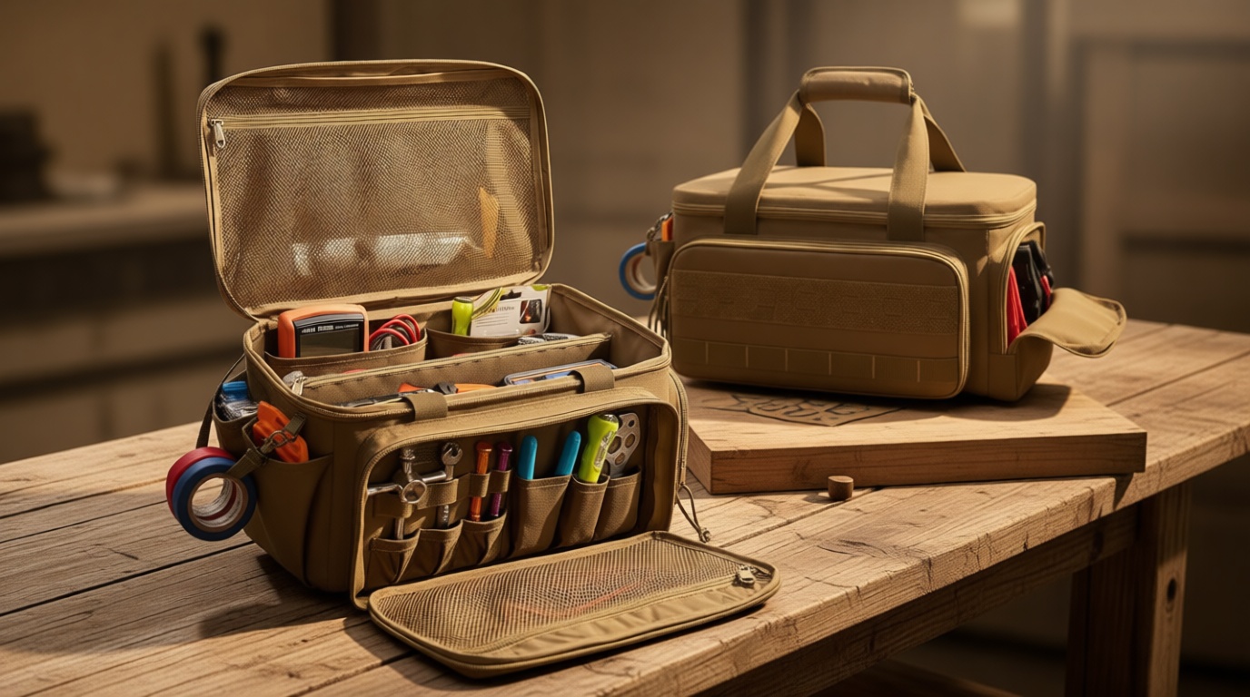 Rexmica 14-Inch Tool Bag with Anti-friction Bottom, Hand Tool Storage Organizer for Men, Tactical Range Bag, Multi-purpose Work Tote for Repairman, Carpenters, Handyman, Khaki