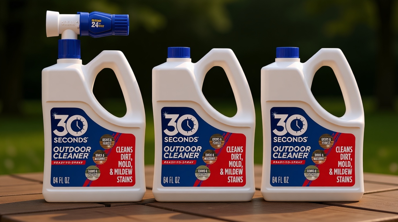 30 Seconds Outdoor Cleaner | Cleans Moss Stains from House, Vinyl Siding, Deck, Patio, Fence - 3 Capped Bottles, 1 Hose End Spray Attachment (64 Fl Oz (Pack of 3)
