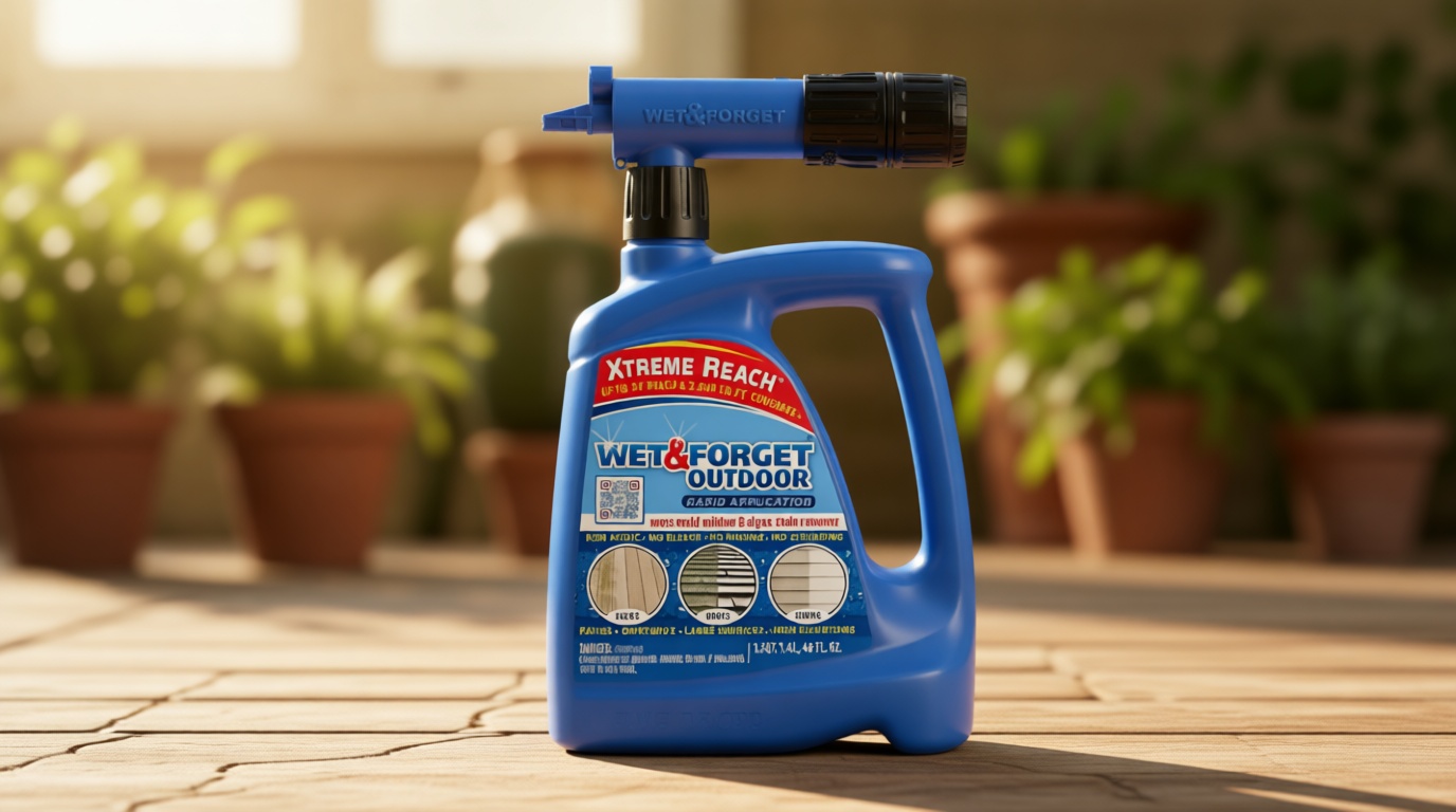 Wet & Forget Outdoor Moss, Mold, Mildew, & Algae Stain Remover Multi-Surface Cleaner, Xtreme Reach Hose End with New & Improved Nozzle, 48 Fluid Ounces