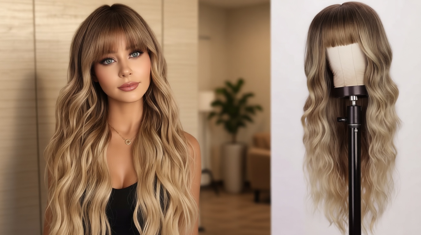 Lativ Blonde Wig With Bangs Long Wavy Curly Ombre Wig with Dark Root Synthetic Heat Resistant Wigs for Women Daily Party Use 26 Inches