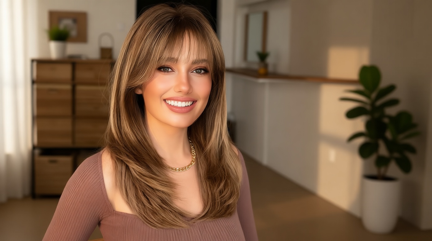 Eawwii Wig with Bangs for Women Brown Blonde Highlight Straight Face-Framing Layers Hairstyle 4x4 Realistic Scalp Glueless Synthetic Wigs Medium Length for Everyday Use