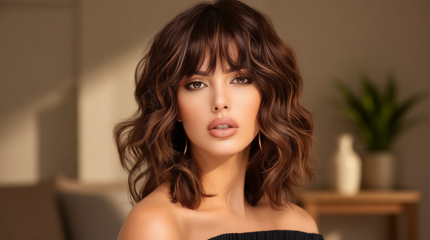 Lativ Brown Highlight Wigs for Women Short Wavy Curly Bob Wig with Bangs Shoulder Length 14 Inches Synthetic Hair for Daily Party Use
