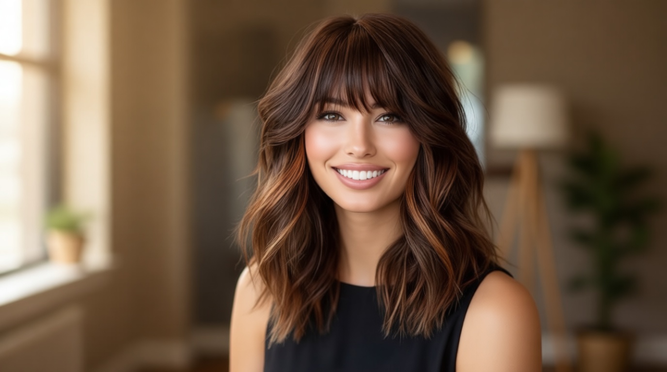 Short Wavy Wig with Bangs for Women Curly Wigs Natural Wavy Synthetic Wigs for Daily Party Cosplay 14inch(Brown Highlight)