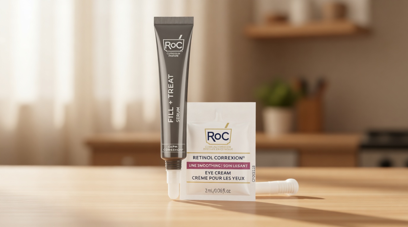 RoC Derm Correxion Fill + Treat Advanced Retinol Serum, Wrinkle Filler Treatment with Hyaluronic Acid for Crow's Feet, 11 Wrinkles, & Laugh Lines, (.5 fl oz) with Retinol Packette (Packaging May Vary)