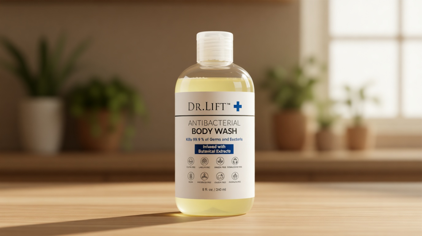 DR. LIFT Antibacterial Body Wash, Refreshing Scent, Hydrating Shower or Bath Cleanser With Citric Acid, Spirulina, and Lemon, Clean Moisturizing Formula, Vegan, Paraben and Phthalate Free, 8 Fl Oz
