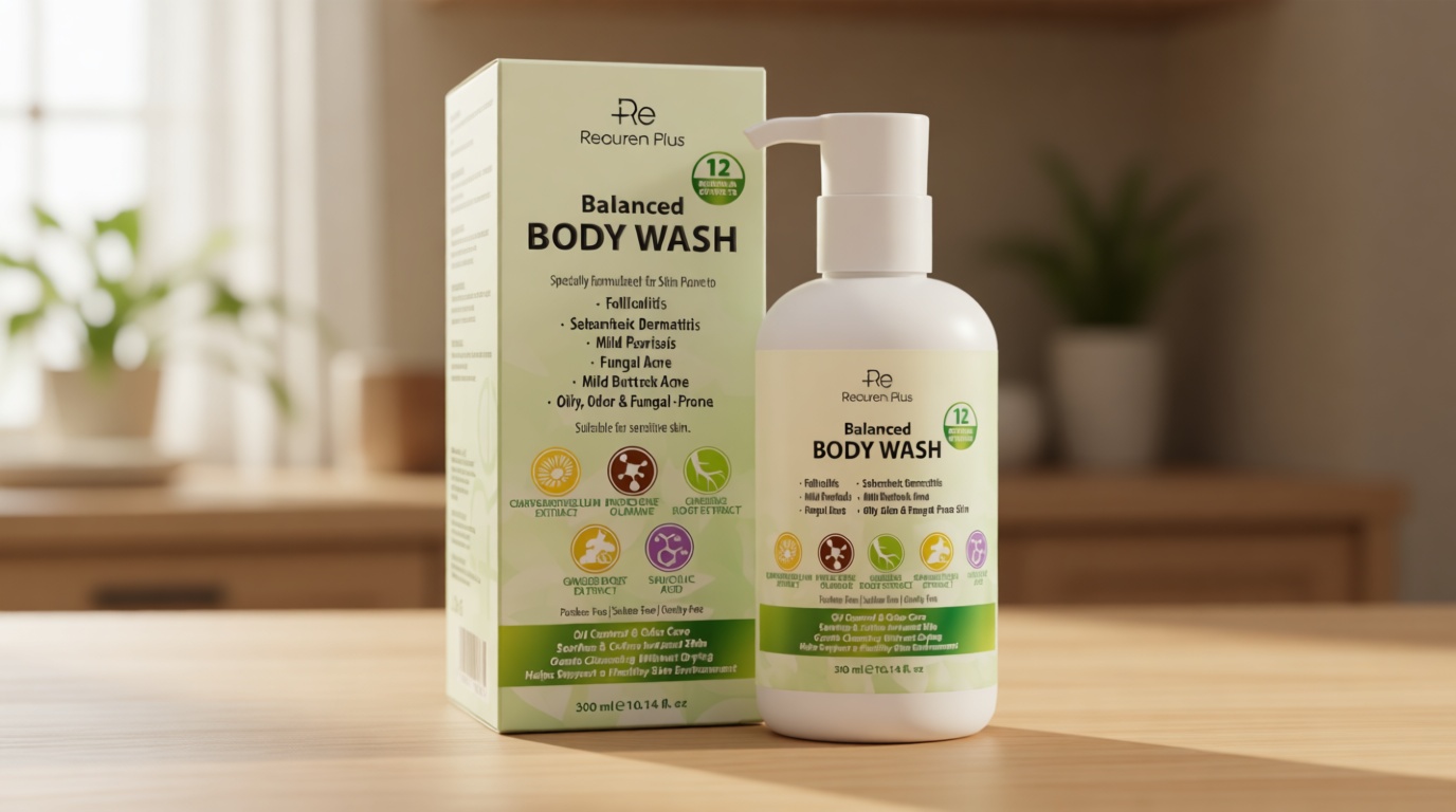 Recuren Plus Antifungal Body Wash Soap: Antibacterial, Shower Gel for Back Acne, Seborrheic Dermatitis, Folliculitis, Psoriasis, Jock Itch & Ringworm (10 Fl Oz (Pack of 1), Herbal Floral)