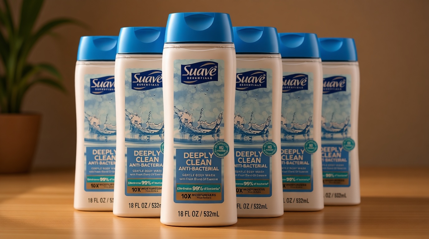 Suave Deeply Clean Antibacterial Body Wash with Glycerin & Vitamin E, Moisturizing Skin Cleanser For Soft, Smooth Skin, Long Lasting Scent, Paraben Free, 18 FL OZ, 6 Count