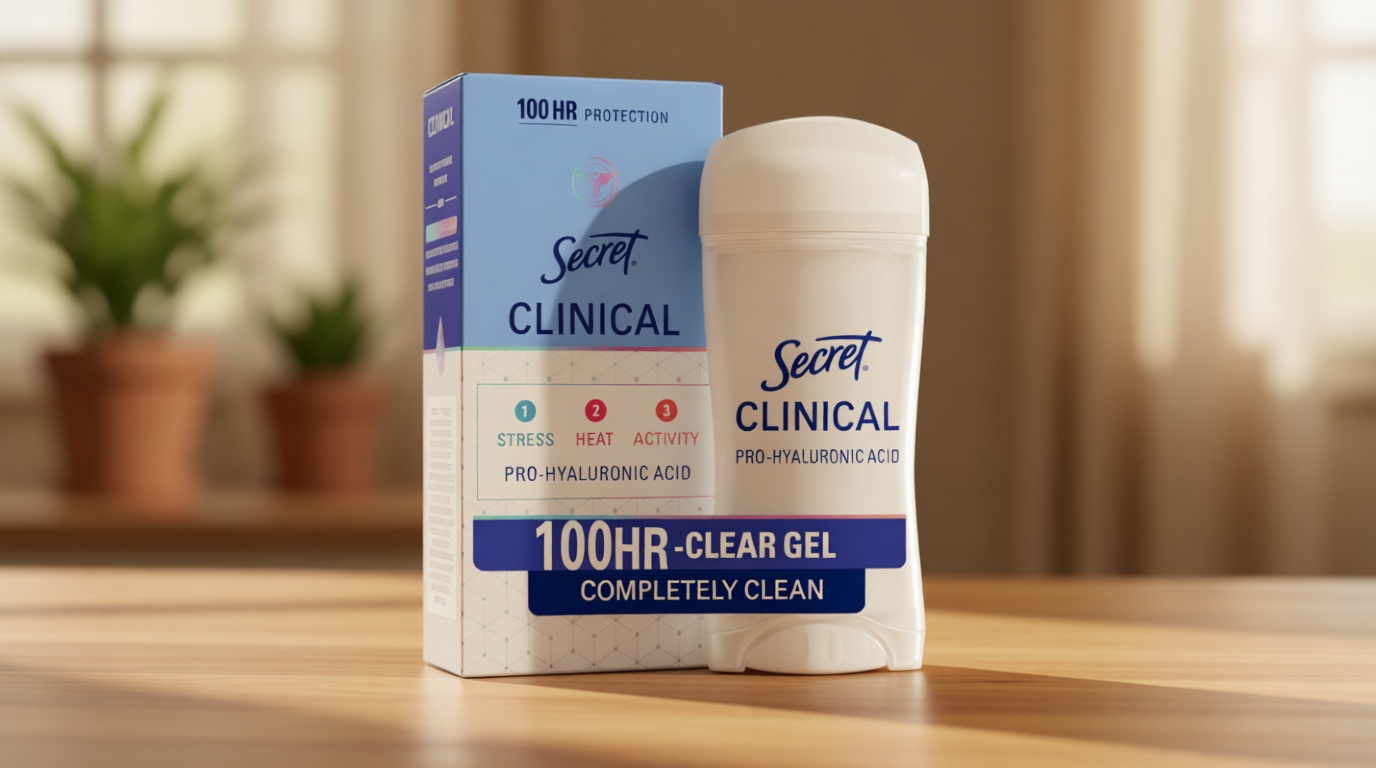Secret Clinical Strength 100HR Sweat & Odor, Clear Gel Antiperspirant Deodorant for Women, 3X Stress Protection with Hyaluronic Acid, PH Balancing Minerals, Completely Clean Scent, 2.6 oz