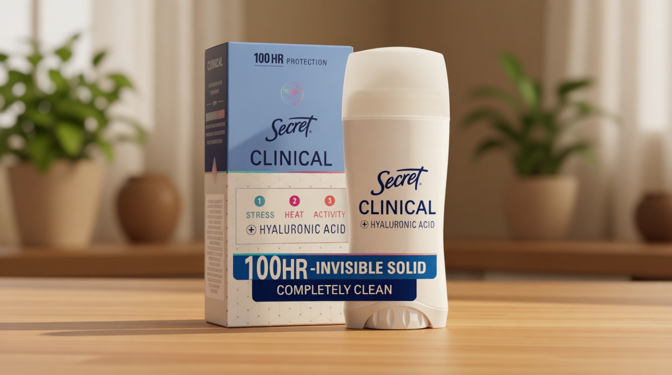 Secret Clinical Strength 100HR Sweat & Odor, Completely Clean Invisbile Solid Antiperspirant Deodorant for Women, 3X Stress Protection with Hyaluronic Acid, PH Balanced, Completely Clean Scent, 2.6 oz