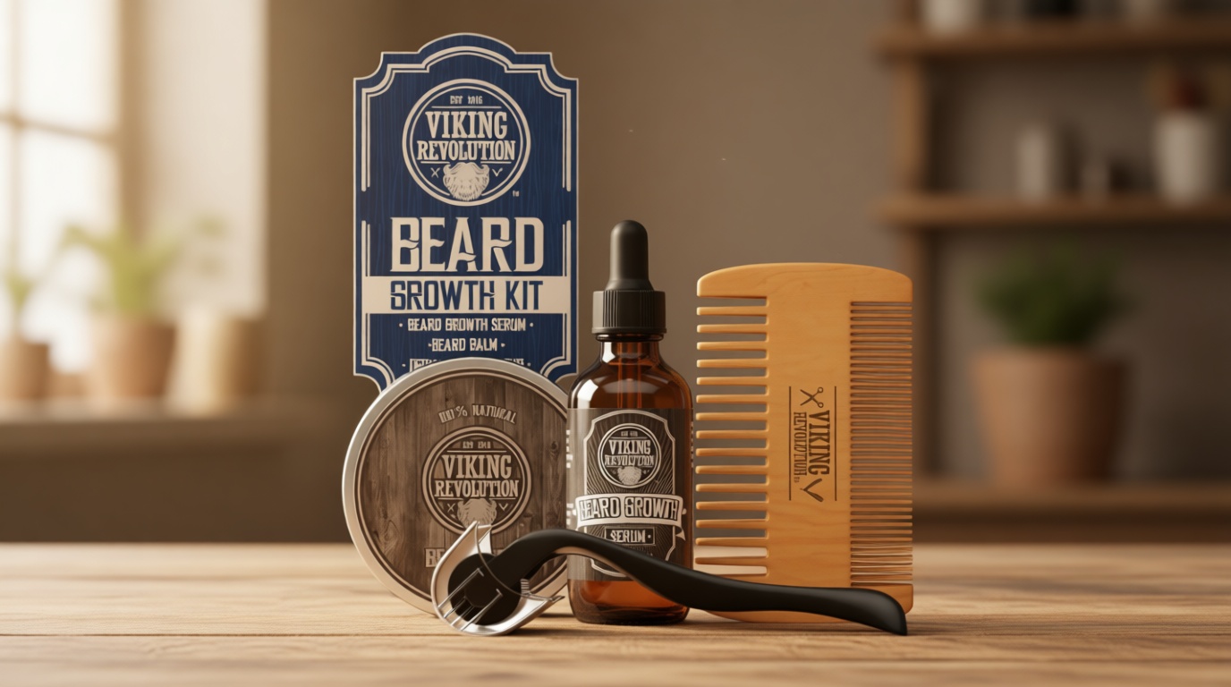 Beard Growth Kit - Oil, Balm, Serum, Derma Roller & Wooden Comb for Beard & Mustache Growth