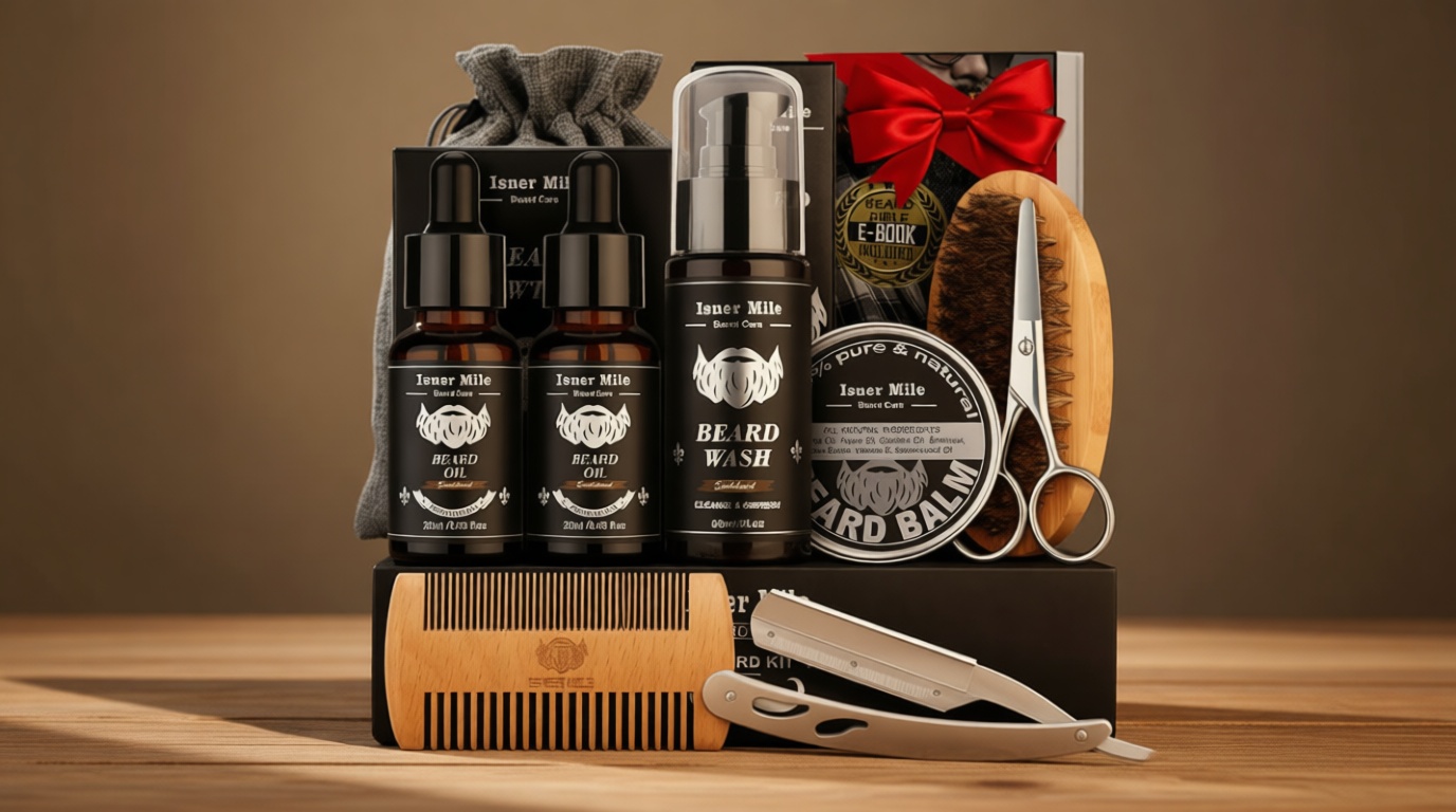 Isner Mile Beard Grooming Kit for Men Care: with Beard Oil Balm Wash Brush Comb & Straight Razor, Birthday Valentines Fathers Gifts for Men Him Boyfriend Husband Coworker, Christmas Stocking Stuffers