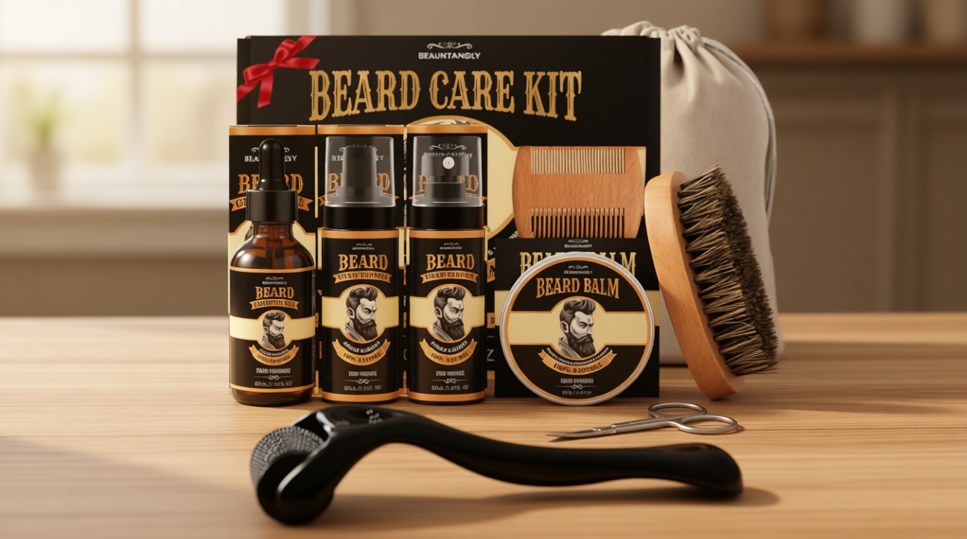 Beard Growth Kit, Grooming Set w/Growth Oil, Conditioner, Balm, Shampoo Wash, 0.25MM Roller, Brush, Comb, Scissor, Bag, Christmas Birthday Valentines Day Gifts for Him Men