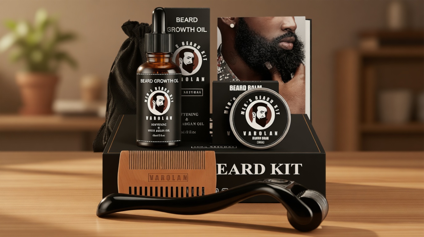 Varolan Beard Growth and Grooming Kit - Growth Oil (2Oz), Balm, Comb, E-book, Storage Bag, Mustache Mens Gift Set for Him