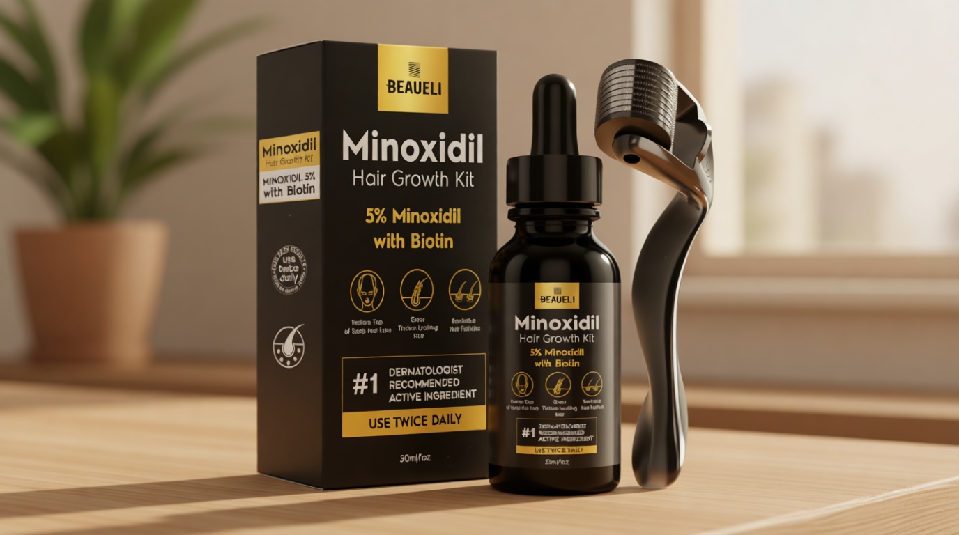 Beaueli Minoxidil Beard Growth Kit For Men and Women, Hair Loss and Hair Regrowth Treatments, Minoxidil 5%, Black