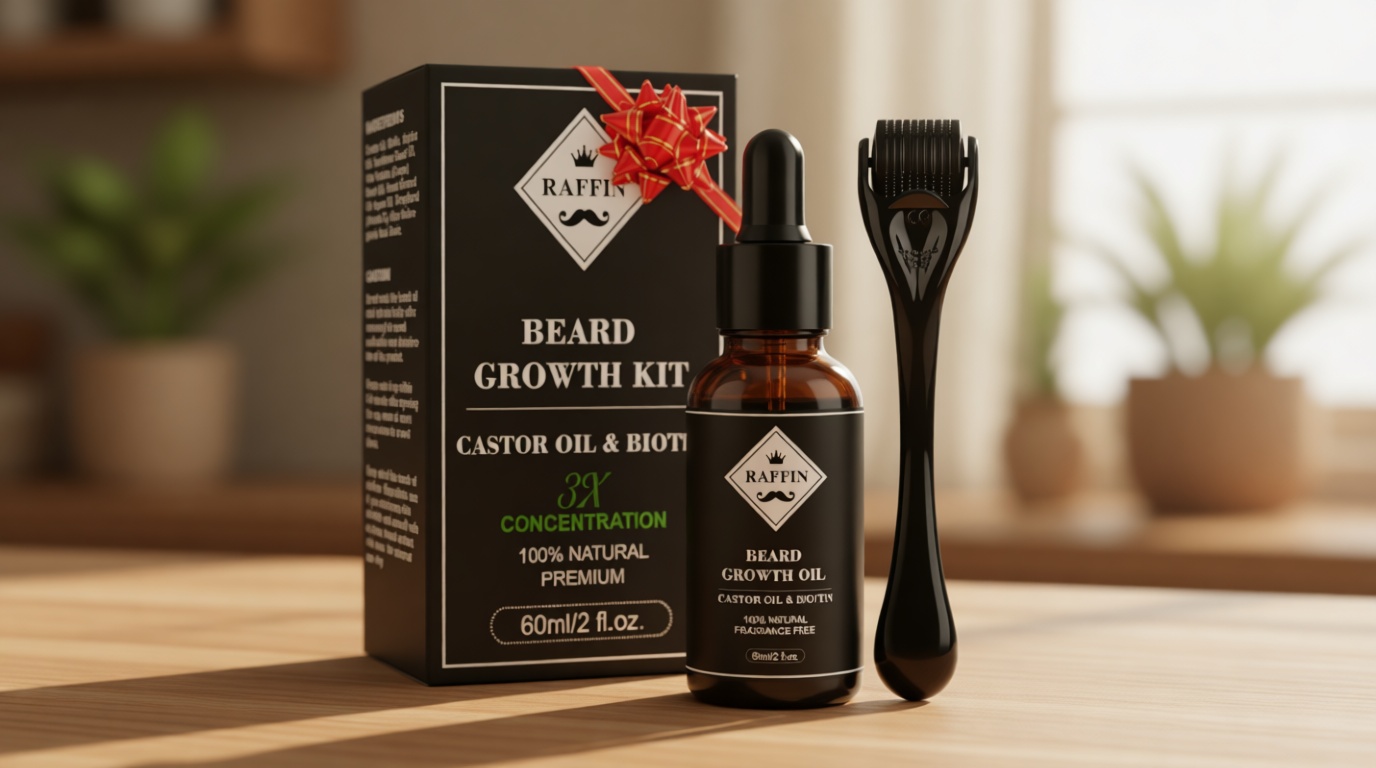 RAFFIN Beard Growth Kit, Beard Growth Oil (2Oz) w/3 X Thickening Biotin & Castor Oil for Spot/Patchy Beard, Achieve Fuller, Thicker Beard, Shaving Brush, Birthday Gifts for Men Him Boyfriend Husband