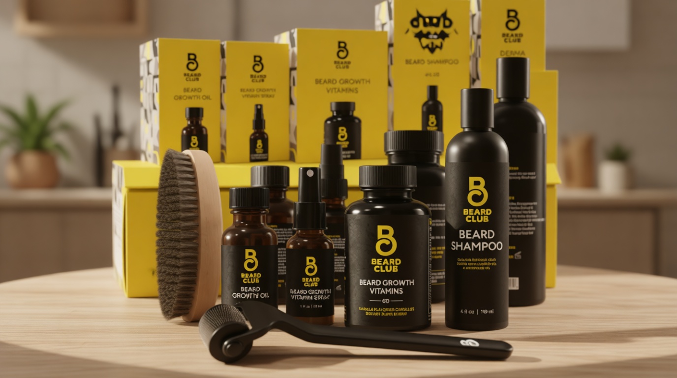 The Beard Club Advanced Beard Growth Kit - Derma Roller, Growth Oil, Vitamins and Vitamin Spray, Shampoo and Boar Bristle Brush - Gift Set - Cedar