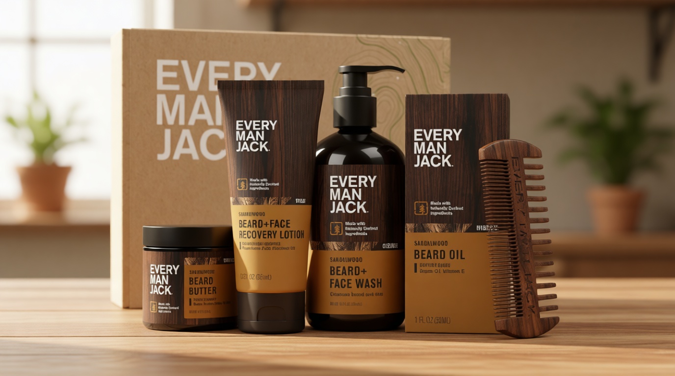 Every Man Jack Beard Essentials Gift Set for Men – Complete Routine with 5 Full-Size Essentials – Sandalwood Scent - Beard & Face Wash, Lotion, Oil, Butter & Comb