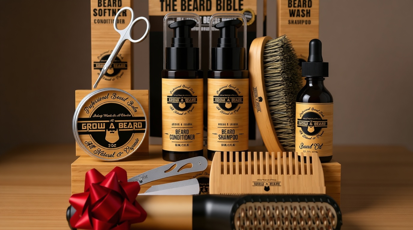 Beard Straightener Grooming Kit for Men, Beard Growth Kit, Wash, Brush & Comb, Unscented Growth Oil, All Natural Sandalwood Balm, Conditioner, Razor & Scissors, Great Gift Idea for Men's (Bamboo)