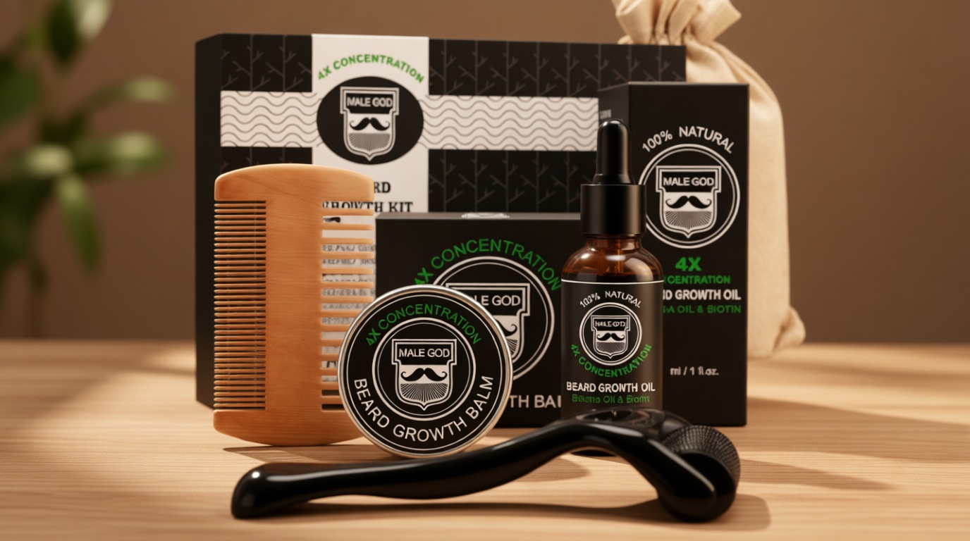 MALE GOD Beard Kit, Beard Growth Kit w/Natural Ingredients Beard Oil & Balm, Razor Strops, Beard Growth Oil, Comb, Anniversary | Birthday Gifts for Men, Him, Husband, Boyfriend, Dad