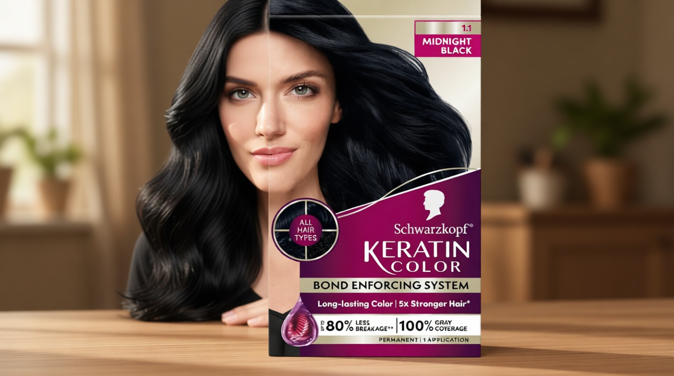 Schwarzkopf Keratin Permanent Hair Dye Cream, 1.1 Midnight Black, Professional Quality Color for Up to 100% Gray Coverage, Bond Enforcing System
