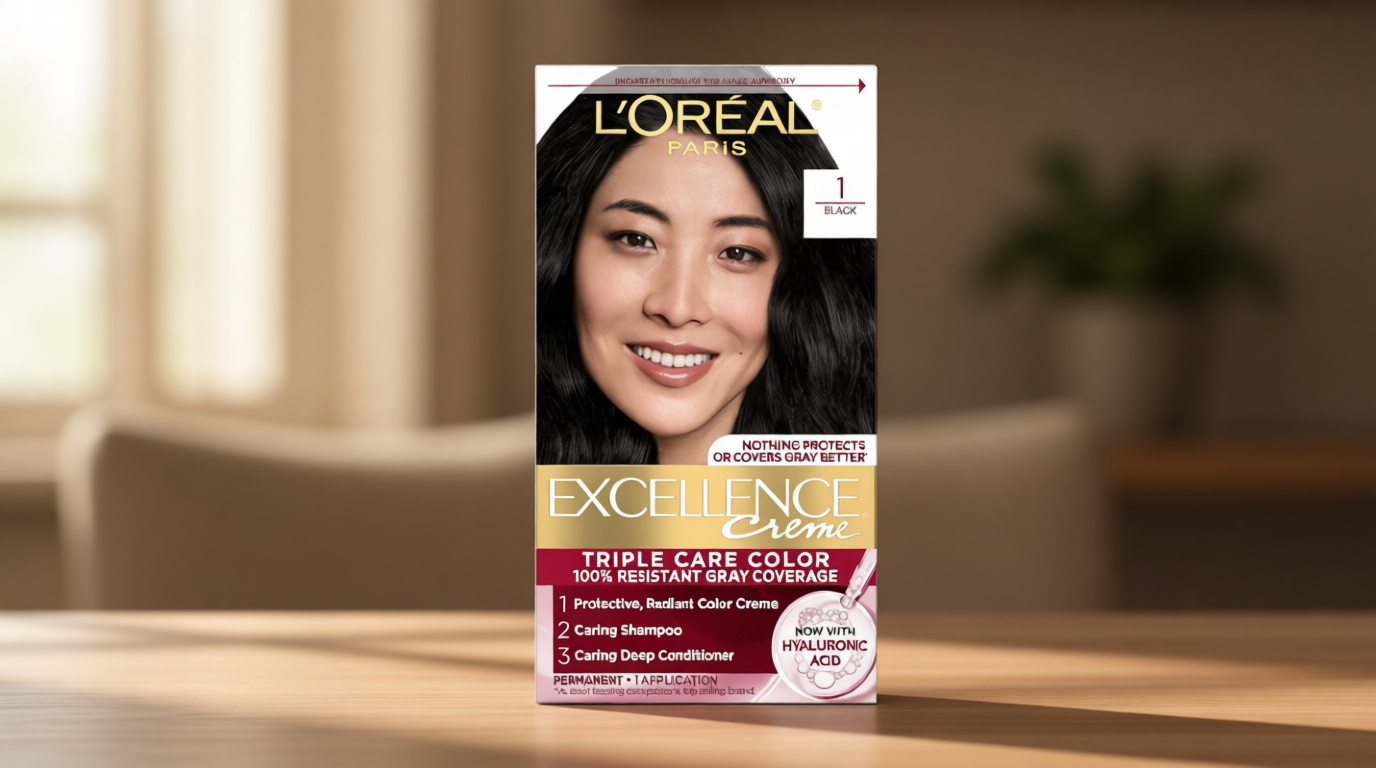 L'Oreal Paris Excellence Crème Permanent Hair Dye, Triple Care Hair Color with Hyaluronic Acid for 100% Gray Coverage, 1 Black, 1 Kit (Packaging May Vary)