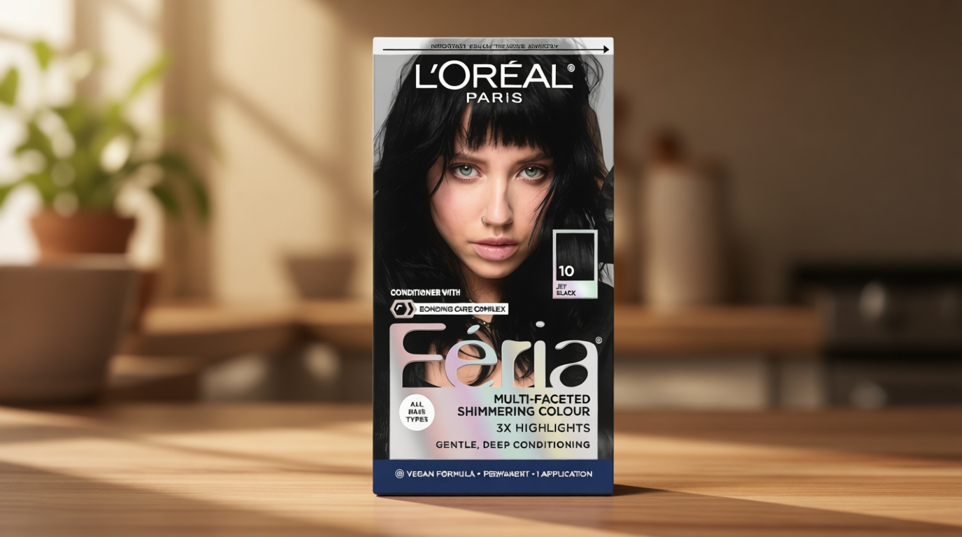 L’Oreal Paris Feria Multi-Faceted Shimmering Permanent Hair Color, High Intensity Hair Dye for 3X Highlights, 10 Jet Black (Blackest Black), 1 Hair Dye Kit