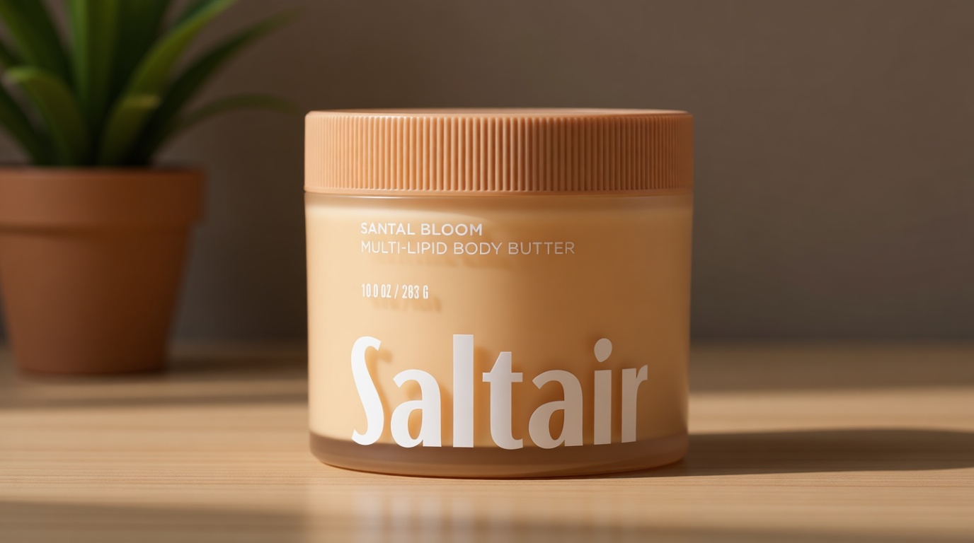 Saltair Multi-Lipid Body Butter - Rich, Nourishing Hydrating Body Cream with Ceramide Complex, Coconut Oil, Shea Butter, and Sea Buckthorn. Moisturizing Dry Skin Care. 10oz Jar - Santal Bloom