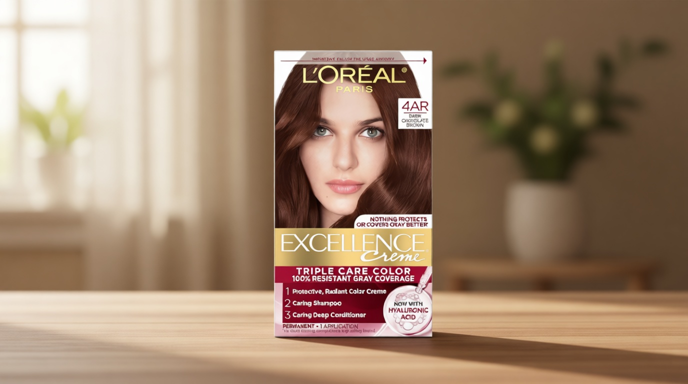 L'Oreal Paris Excellence Crème Permanent Hair Dye, Triple Care Hair Color with Hyaluronic Acid for 100% Gray Coverage, 4AR Dark Chocolate Brown, 1 Kit (Packaging May Vary)